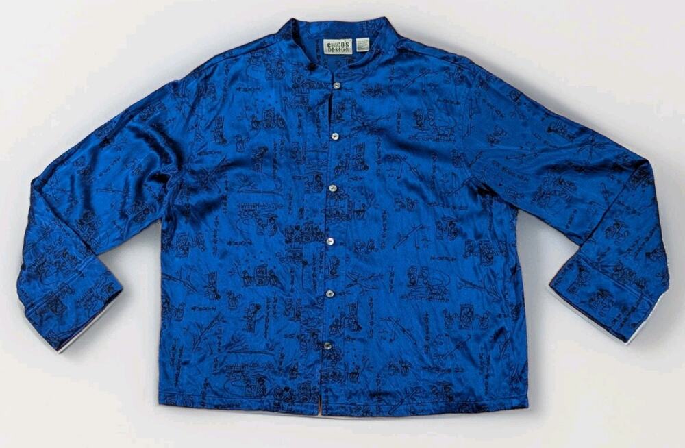 Vintage Chico’s Design Silk Shirt Size 3 Blue Asian Print Button Front 90s Y2K